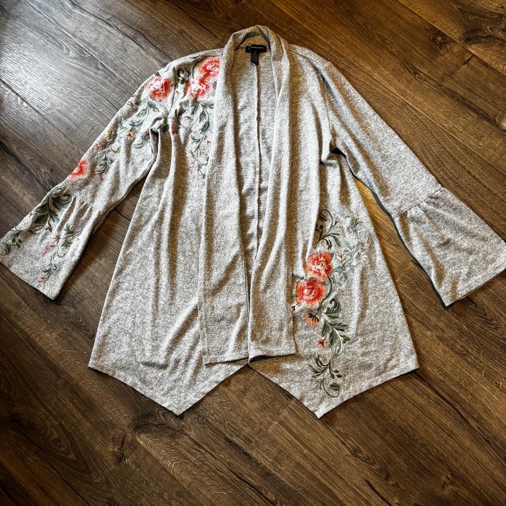 INC International Concepts Heather Gray Embroidered Cardigan